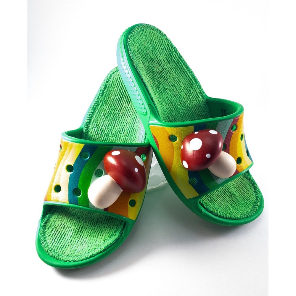 CROCS, Classic Zen Garden Rainbow Mushroom Slides, Green, Junior Size 1 - Picture 1 of 6
